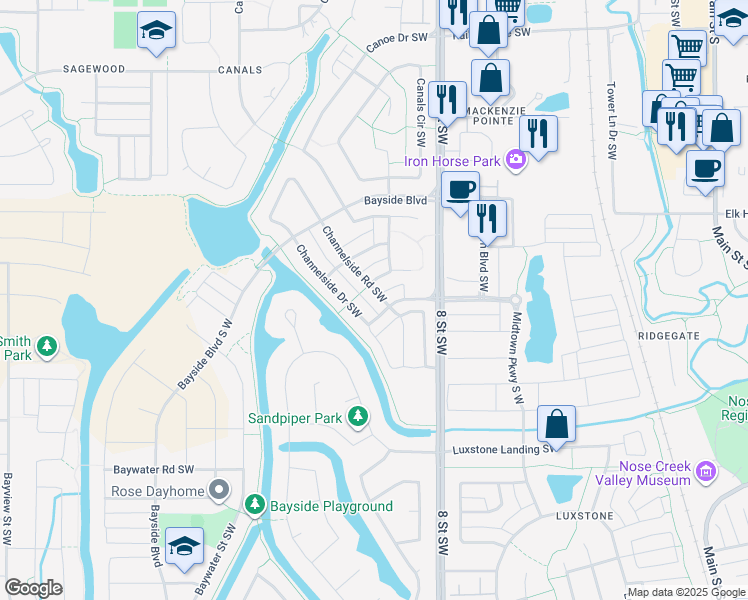 map of restaurants, bars, coffee shops, grocery stores, and more near 977 Channelside Road Southwest in Airdrie
