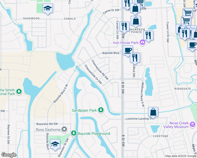 map of restaurants, bars, coffee shops, grocery stores, and more near 1124 Channelside Drive Southwest in Airdrie
