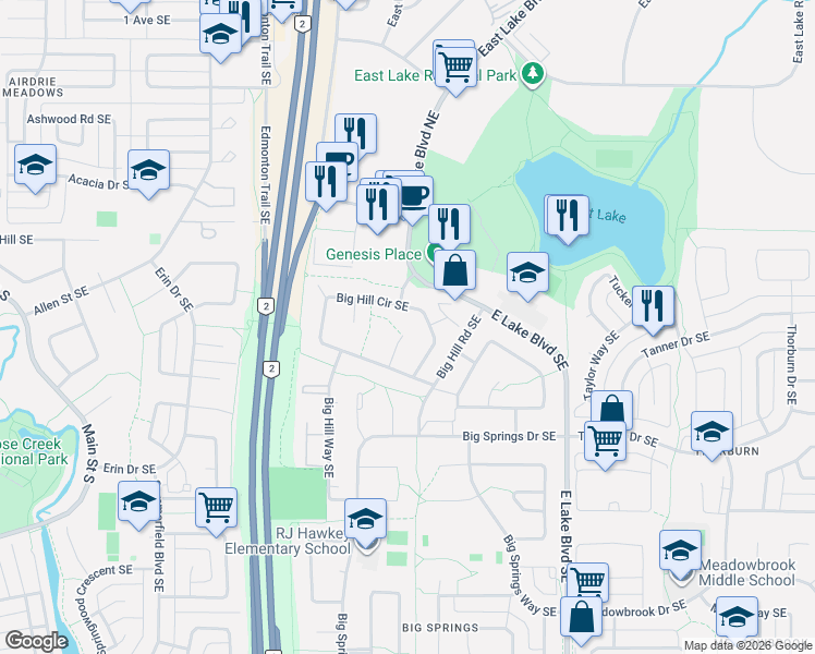 map of restaurants, bars, coffee shops, grocery stores, and more near 72 Big Hill Circle Southeast in Airdrie