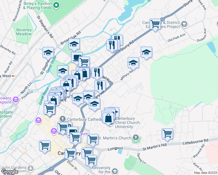 map of restaurants, bars, coffee shops, grocery stores, and more near Military Road in Kent
