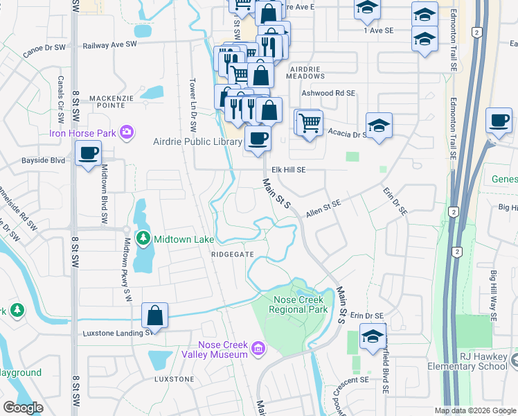 map of restaurants, bars, coffee shops, grocery stores, and more near 48 Rideau Close Southwest in Airdrie