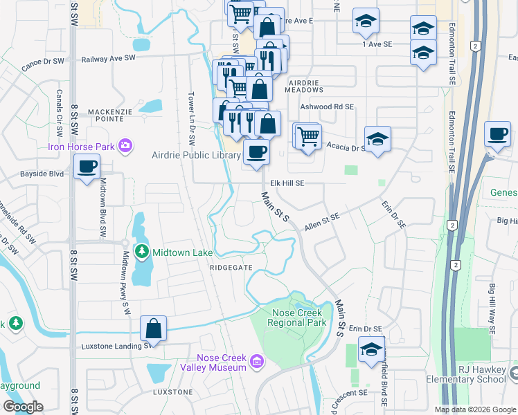 map of restaurants, bars, coffee shops, grocery stores, and more near 48 Rideau Close Southwest in Airdrie