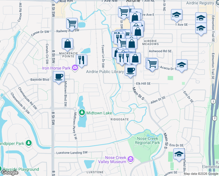 map of restaurants, bars, coffee shops, grocery stores, and more near 3 Ridgebrook Drive Southwest in Airdrie