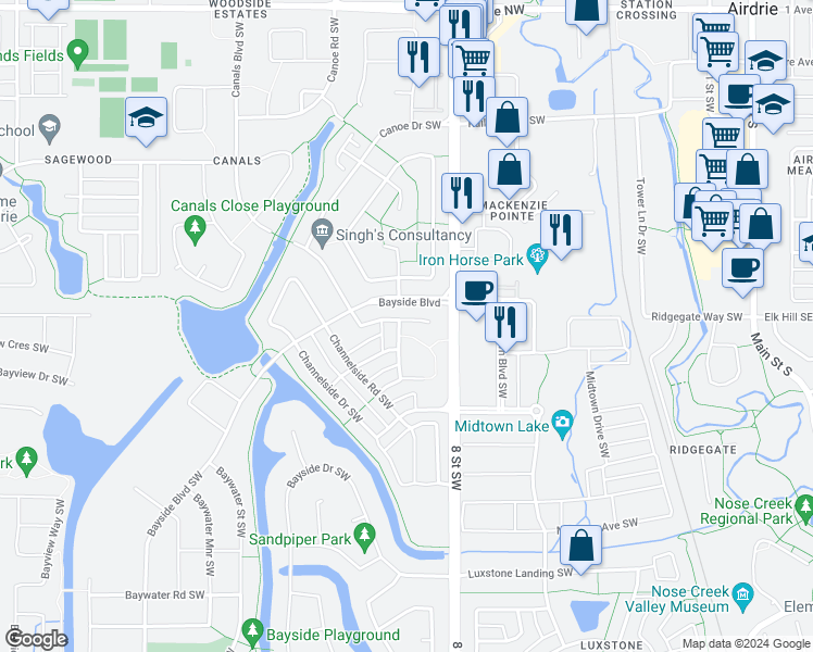 map of restaurants, bars, coffee shops, grocery stores, and more near 105 Channelside Cove Southwest in Airdrie