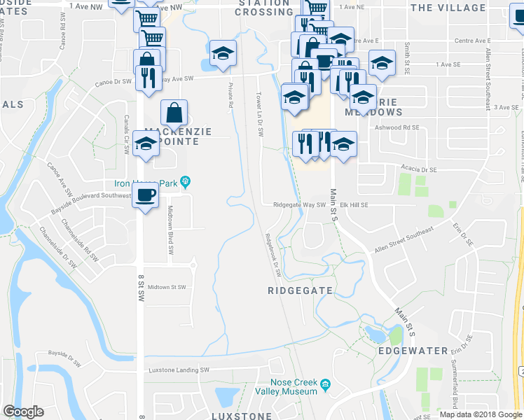 map of restaurants, bars, coffee shops, grocery stores, and more near 133 Ridgegate Way Southwest in Airdrie