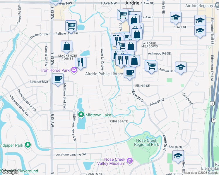 map of restaurants, bars, coffee shops, grocery stores, and more near 3 Ridgebrook Drive Southwest in Airdrie
