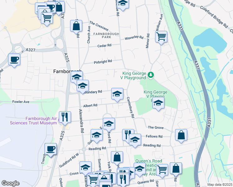 map of restaurants, bars, coffee shops, grocery stores, and more near Boundary Road in Hampshire