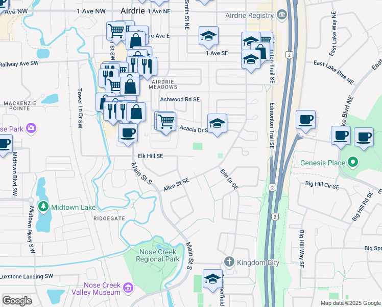 map of restaurants, bars, coffee shops, grocery stores, and more near 118 Elk Hill Southeast in Airdrie