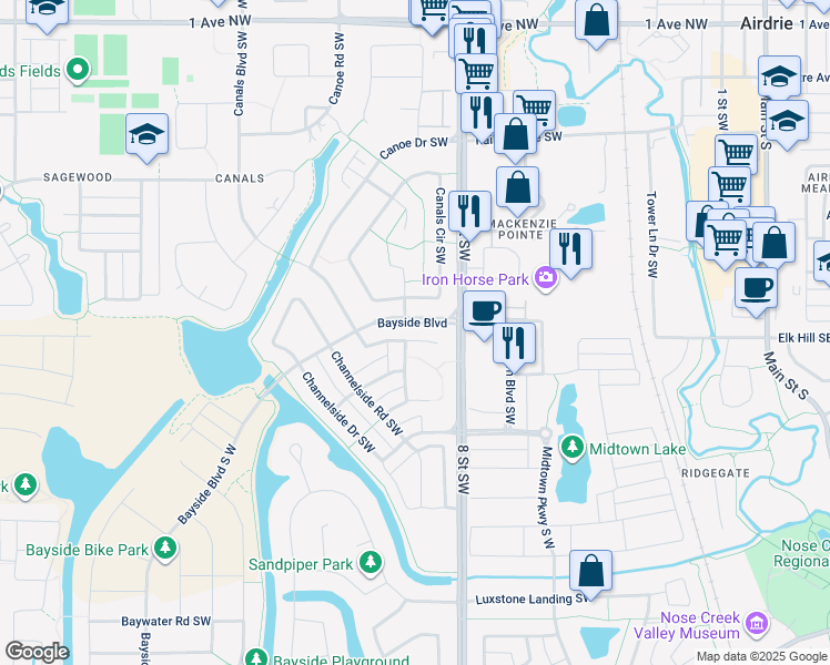 map of restaurants, bars, coffee shops, grocery stores, and more near 105 Channelside Cove Southwest in Airdrie