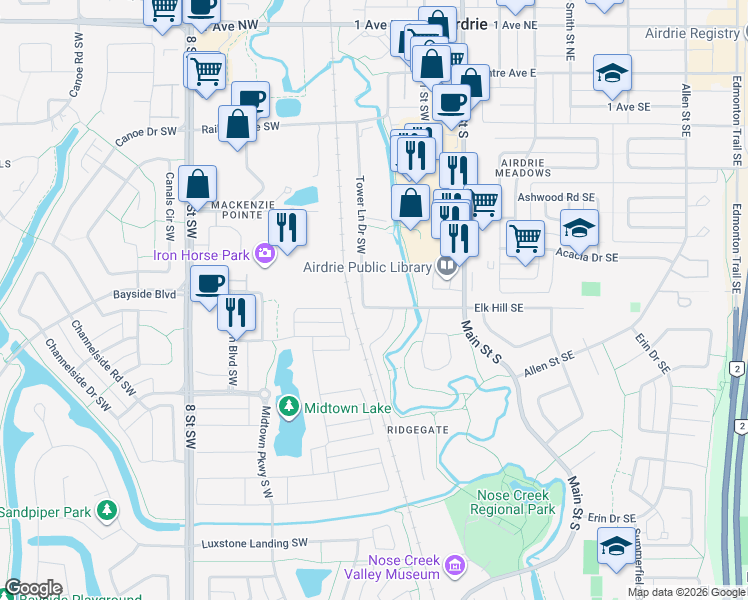 map of restaurants, bars, coffee shops, grocery stores, and more near 133 Ridgegate Way Southwest in Airdrie