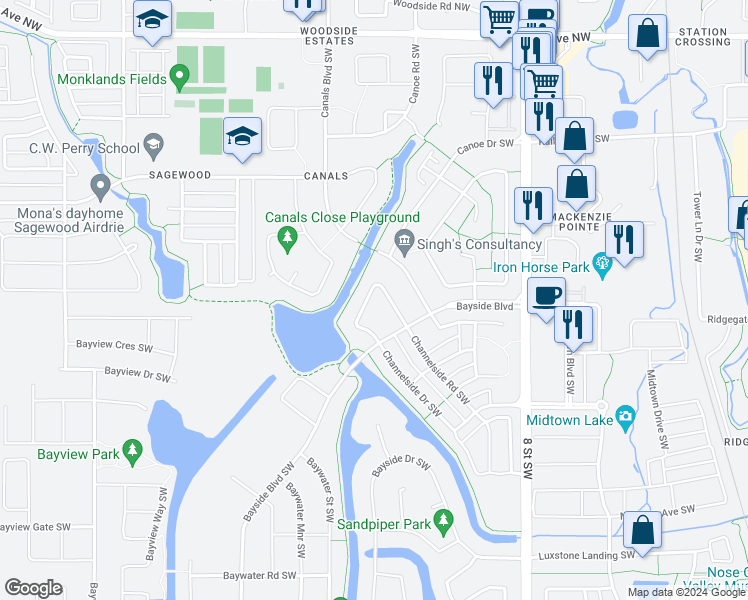 map of restaurants, bars, coffee shops, grocery stores, and more near 866 Canoe Green Southwest in Airdrie