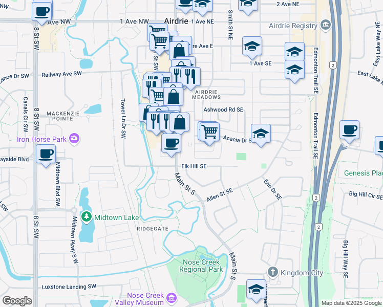 map of restaurants, bars, coffee shops, grocery stores, and more near 193 Acacia Drive Southeast in Airdrie