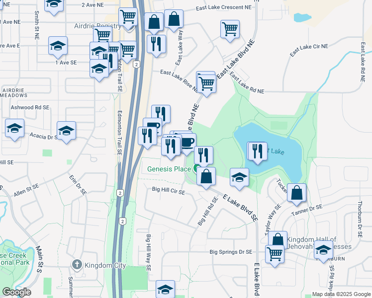 map of restaurants, bars, coffee shops, grocery stores, and more near 200 East Lake Crescent Northeast in Airdrie