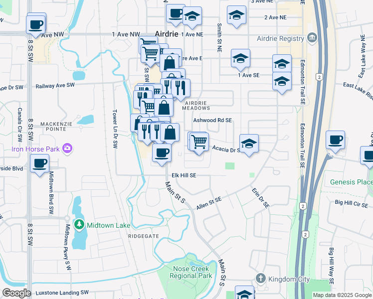 map of restaurants, bars, coffee shops, grocery stores, and more near 193 Acacia Drive Southeast in Airdrie