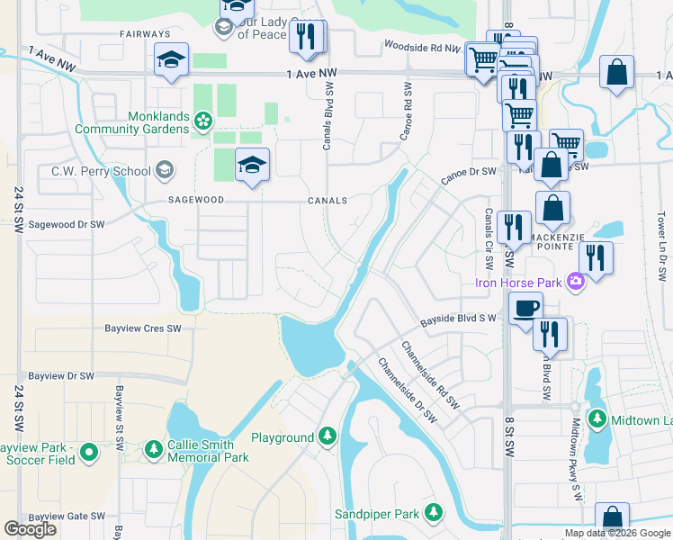 map of restaurants, bars, coffee shops, grocery stores, and more near 82 Canals Close Southwest in Airdrie