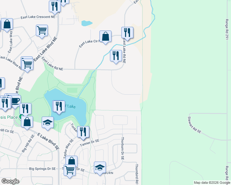 map of restaurants, bars, coffee shops, grocery stores, and more near 21 East Lake Hill Northeast in Airdrie