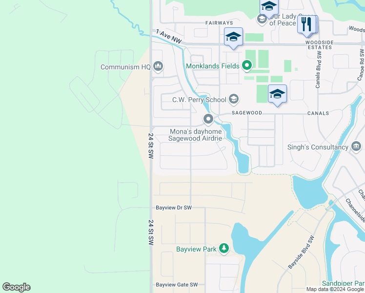 map of restaurants, bars, coffee shops, grocery stores, and more near 2165 Sagewood Heights Southwest in Airdrie