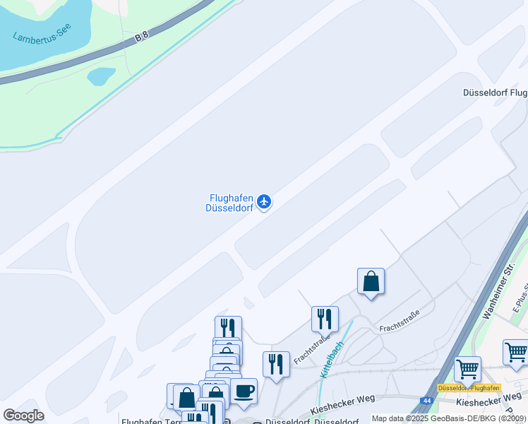 map of restaurants, bars, coffee shops, grocery stores, and more near 105 Flughafenstraße in Düsseldorf