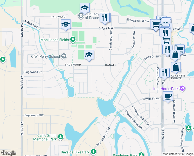 map of restaurants, bars, coffee shops, grocery stores, and more near 242 Canals Close Southwest in Airdrie