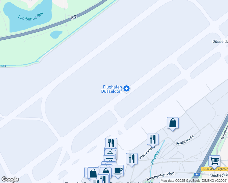 map of restaurants, bars, coffee shops, grocery stores, and more near 105 Flughafenstraße in Düsseldorf