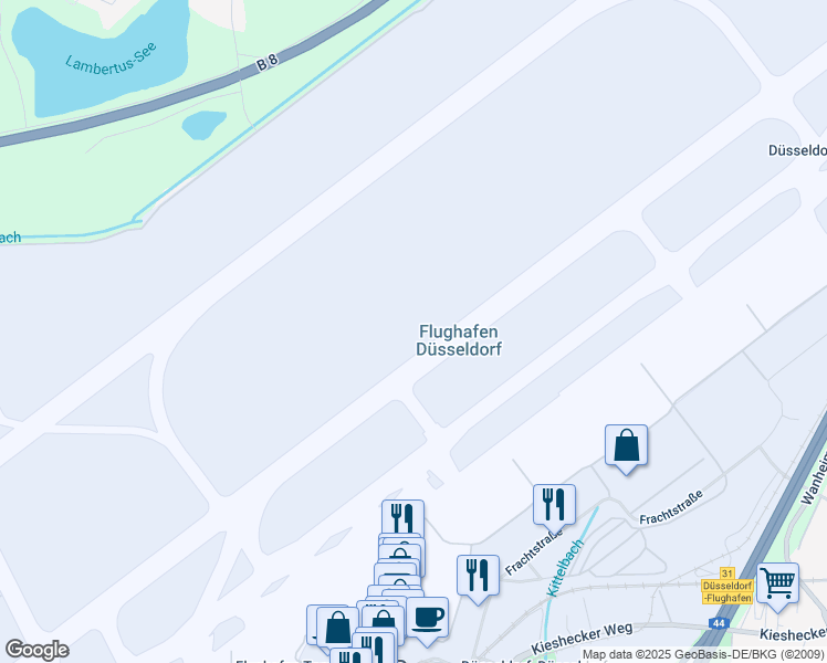 map of restaurants, bars, coffee shops, grocery stores, and more near 105 Flughafenstraße in Düsseldorf