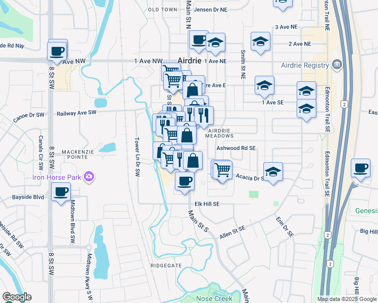 map of restaurants, bars, coffee shops, grocery stores, and more near 505 Main Street South in Airdrie