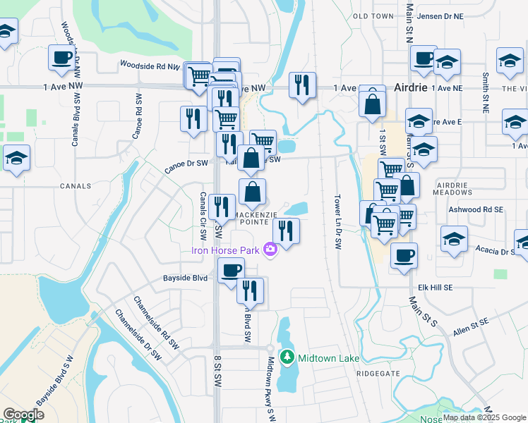 map of restaurants, bars, coffee shops, grocery stores, and more near 251 8 Street Southwest in Airdrie