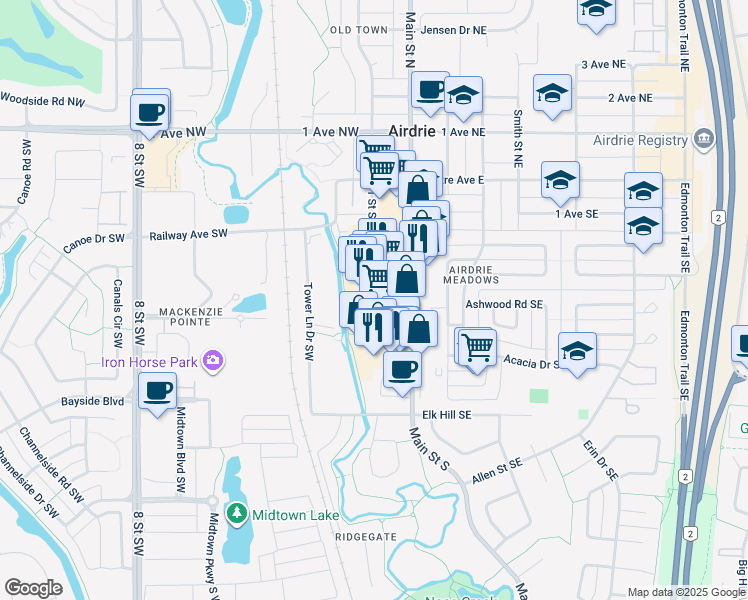 map of restaurants, bars, coffee shops, grocery stores, and more near 505 Main Street South in Airdrie