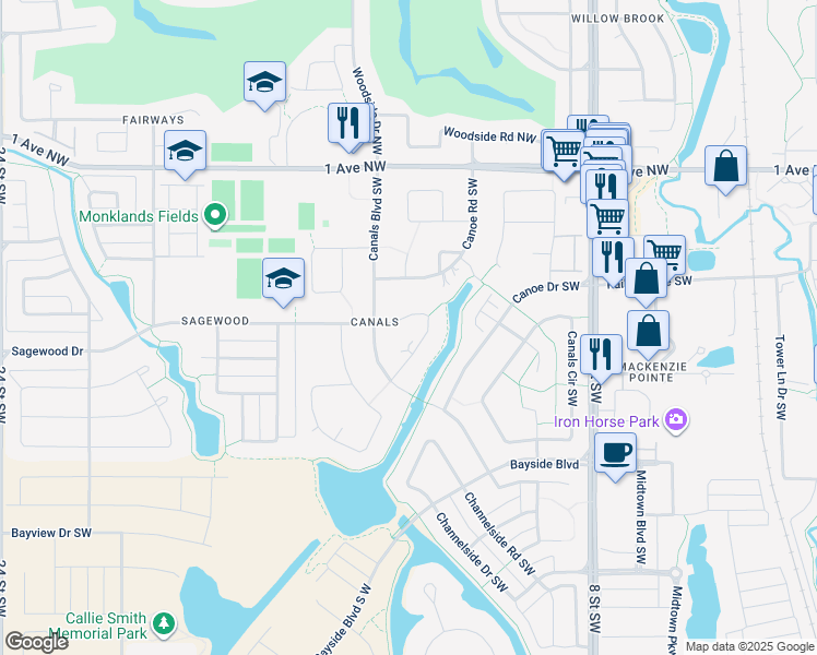 map of restaurants, bars, coffee shops, grocery stores, and more near 115 Canoe Crescent Southwest in Airdrie