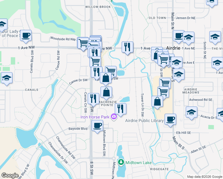 map of restaurants, bars, coffee shops, grocery stores, and more near 104 Mackenzie Way Southwest in Airdrie