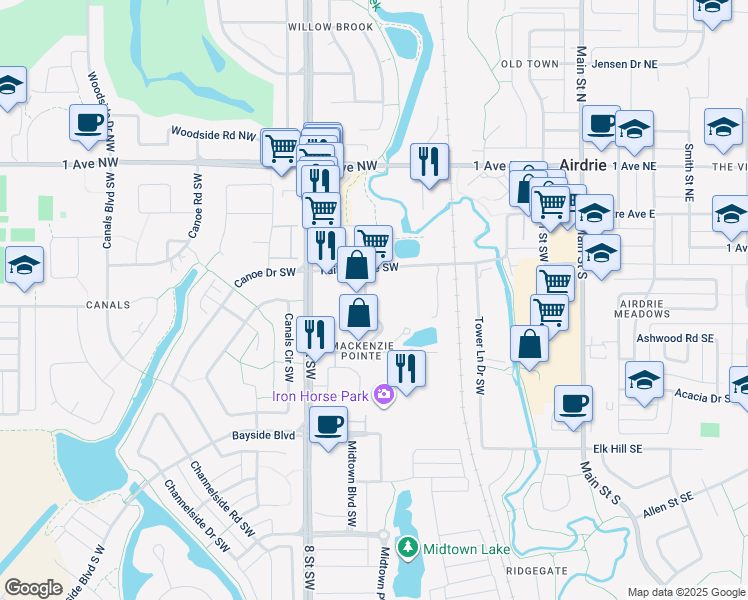 map of restaurants, bars, coffee shops, grocery stores, and more near 104 Mackenzie Way Southwest in Airdrie