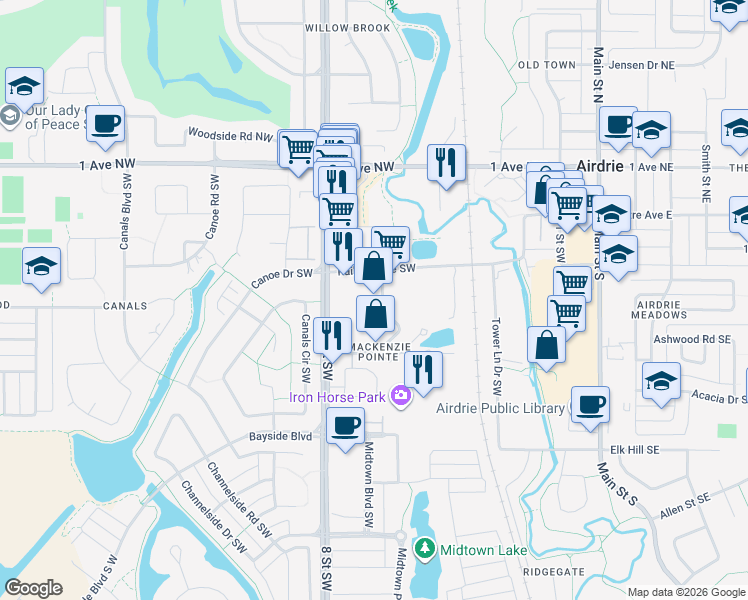 map of restaurants, bars, coffee shops, grocery stores, and more near 403 Mackenzie Way Southwest in Airdrie
