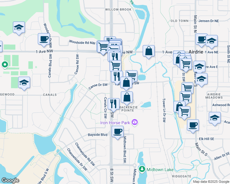 map of restaurants, bars, coffee shops, grocery stores, and more near 403 Mackenzie Way Southwest in Airdrie