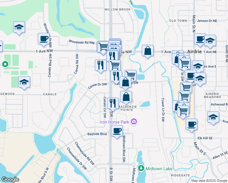 map of restaurants, bars, coffee shops, grocery stores, and more near in Airdrie