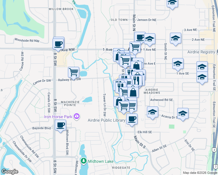 map of restaurants, bars, coffee shops, grocery stores, and more near 400 Tower Lane Drive Southwest in Airdrie