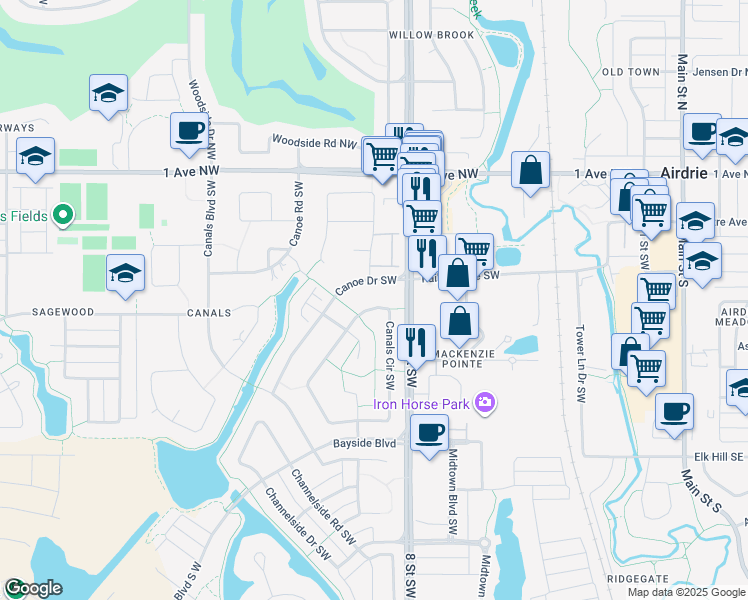 map of restaurants, bars, coffee shops, grocery stores, and more near 30 Canals Circle Southwest in Airdrie