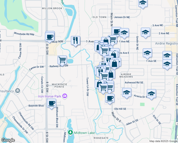 map of restaurants, bars, coffee shops, grocery stores, and more near 400 Tower Lane Drive in Airdrie