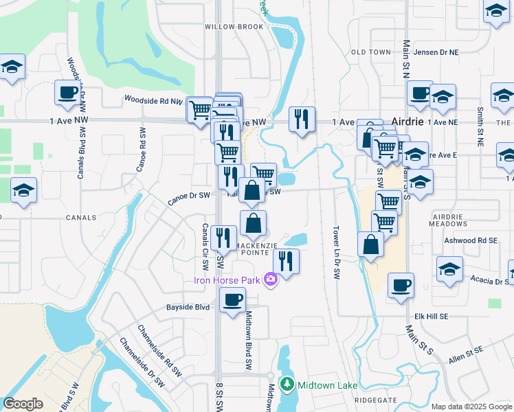 map of restaurants, bars, coffee shops, grocery stores, and more near 104 Mackenzie Way Southwest in Airdrie