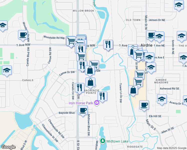 map of restaurants, bars, coffee shops, grocery stores, and more near 104 Mackenzie Way Southwest in Airdrie