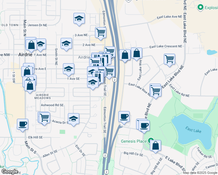 map of restaurants, bars, coffee shops, grocery stores, and more near 224 Edmonton Trail Southeast in Airdrie