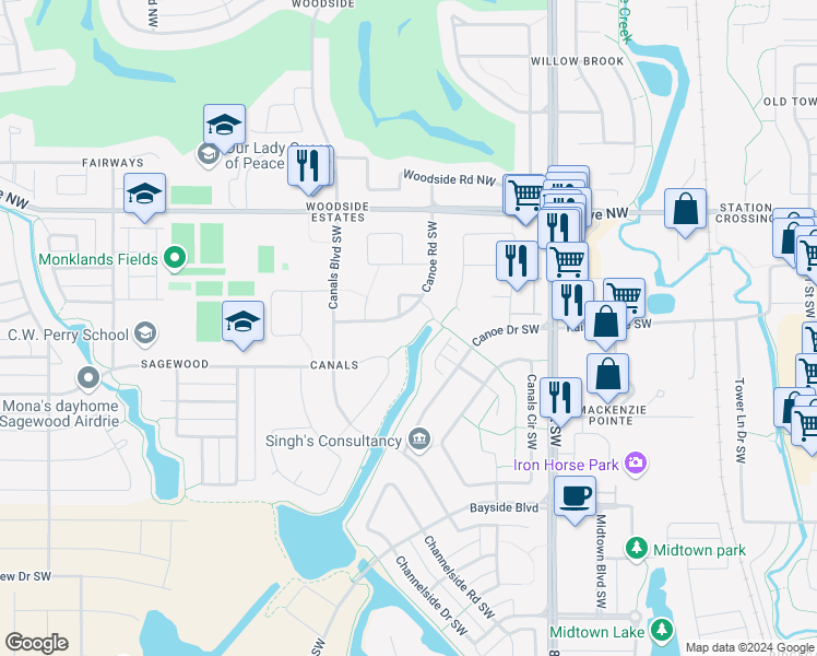 map of restaurants, bars, coffee shops, grocery stores, and more near 60 Canoe Road Southwest in Airdrie