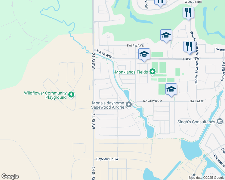 map of restaurants, bars, coffee shops, grocery stores, and more near 344 Sagewood Place Southwest in Airdrie