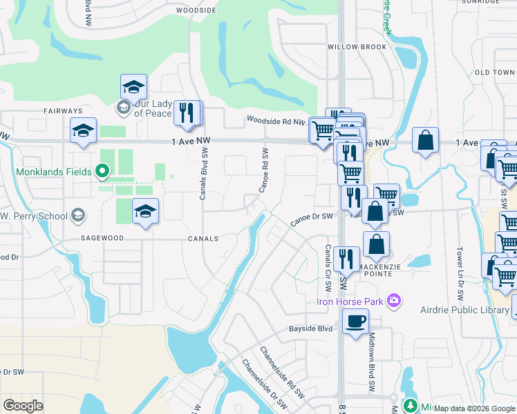 map of restaurants, bars, coffee shops, grocery stores, and more near 60 Canoe Road Southwest in Airdrie
