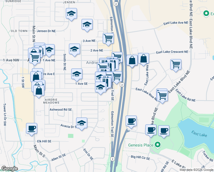 map of restaurants, bars, coffee shops, grocery stores, and more near in Airdrie