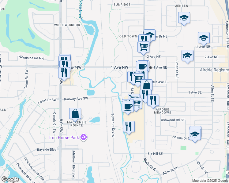 map of restaurants, bars, coffee shops, grocery stores, and more near 105 Centre Avenue West in Airdrie