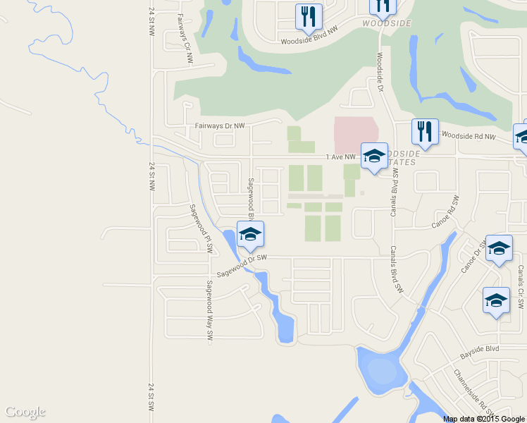 map of restaurants, bars, coffee shops, grocery stores, and more near 307 Sagewood Drive Southwest in Airdrie