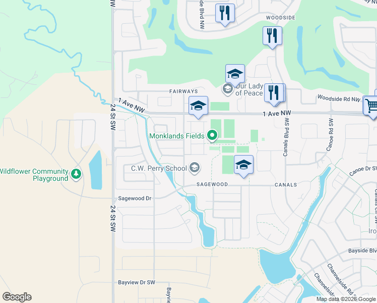 map of restaurants, bars, coffee shops, grocery stores, and more near 140 Sagewood Boulevard Southwest in Airdrie