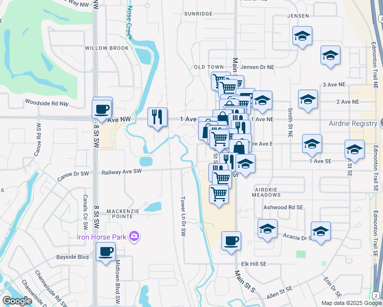map of restaurants, bars, coffee shops, grocery stores, and more near 105 Centre Avenue West in Airdrie
