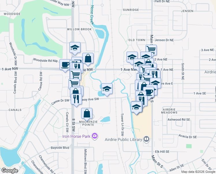 map of restaurants, bars, coffee shops, grocery stores, and more near 116 Railway Avenue Southwest in Airdrie