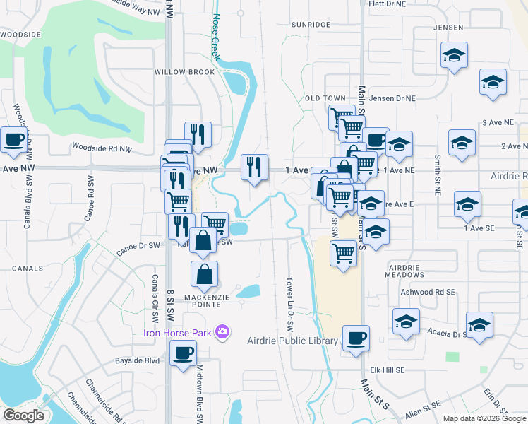 map of restaurants, bars, coffee shops, grocery stores, and more near 116 Railway Avenue Southwest in Airdrie
